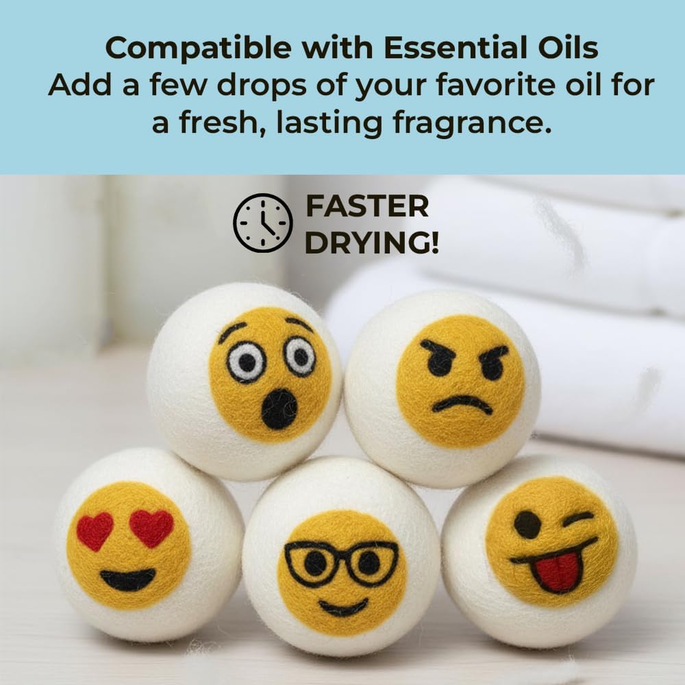 Ezhippie Quality Wool Dryer Balls - 6 XL Emoji Pack - 1000+ Loads - Pure Organic Wool - Reusable Natural Fabric Softener Perfect with Essential Oils, Reduce Clothing Static and Wrinkles