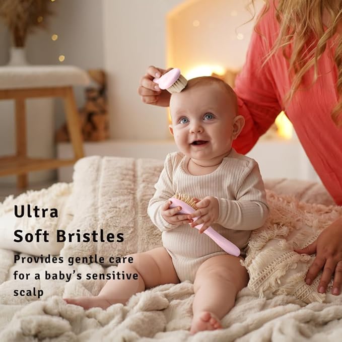 Baby Hair Brush Set for Newborns - Baby Brush and Comb Set - Ultra Soft Goat Hair Bristles, Perfect for Cradle Cap, Newborn Showers & Registries Gift, Comb Brush for Girls & Boys (Rosa)