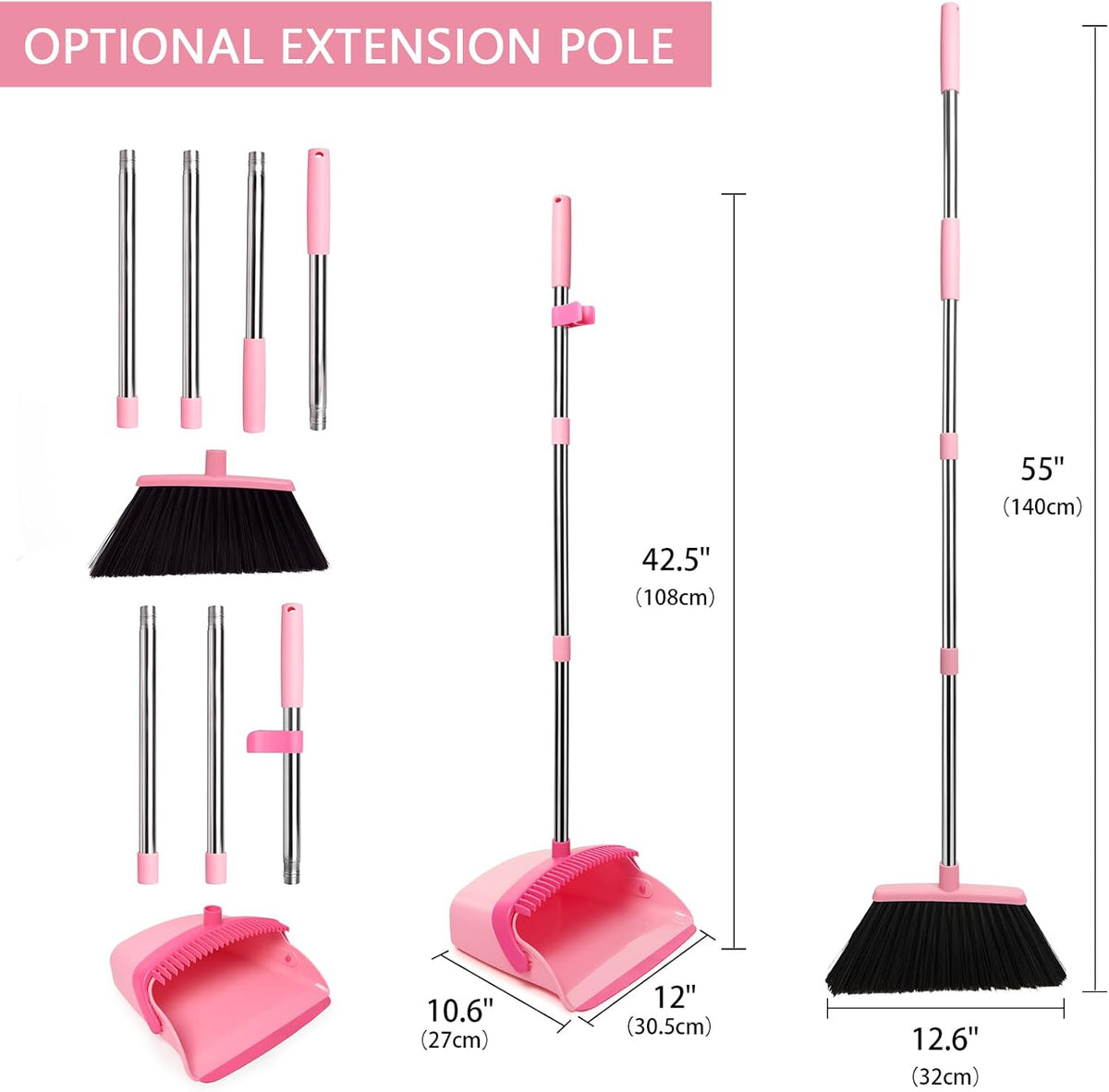Broom and Dustpan Set, Dustpans with Broom Combo for Home, Heavy Dust Broom and Dustpan Combo, Long Handle Dust Pan and Broom Set for Kitchen, Office, Pet Hair,Pink, Pack of 1