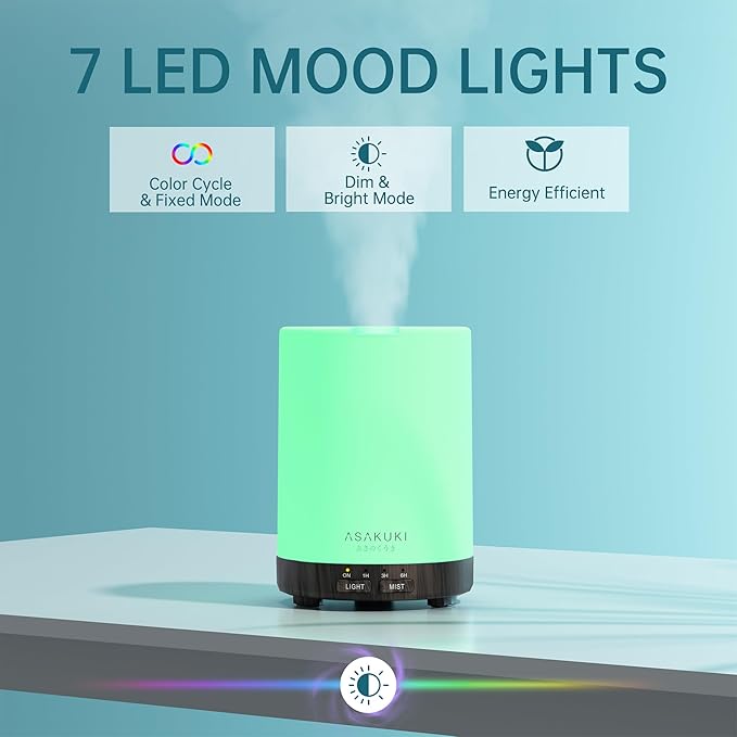 ASAKUKI 300ML Essential Oil Diffuser, Quiet 5-in-1 Premium Humidifier, Home Fragrance Aroma Diffuser with 7 LED Color Changing Light and Auto-Off Switch -Dark Brown