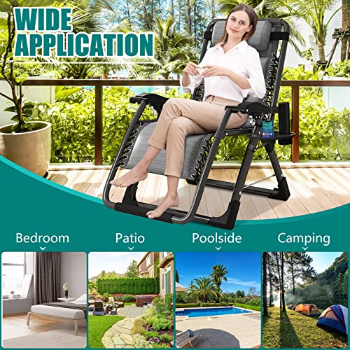 DoCred Zero Gravity Chair, Lawn Recliner, Reclining Patio Lounger Chair, Folding Portable Chaise with Detachable Headrest and Cup Holder Cool Gray - color: Cool Gray, style: Zero Gravity Chair