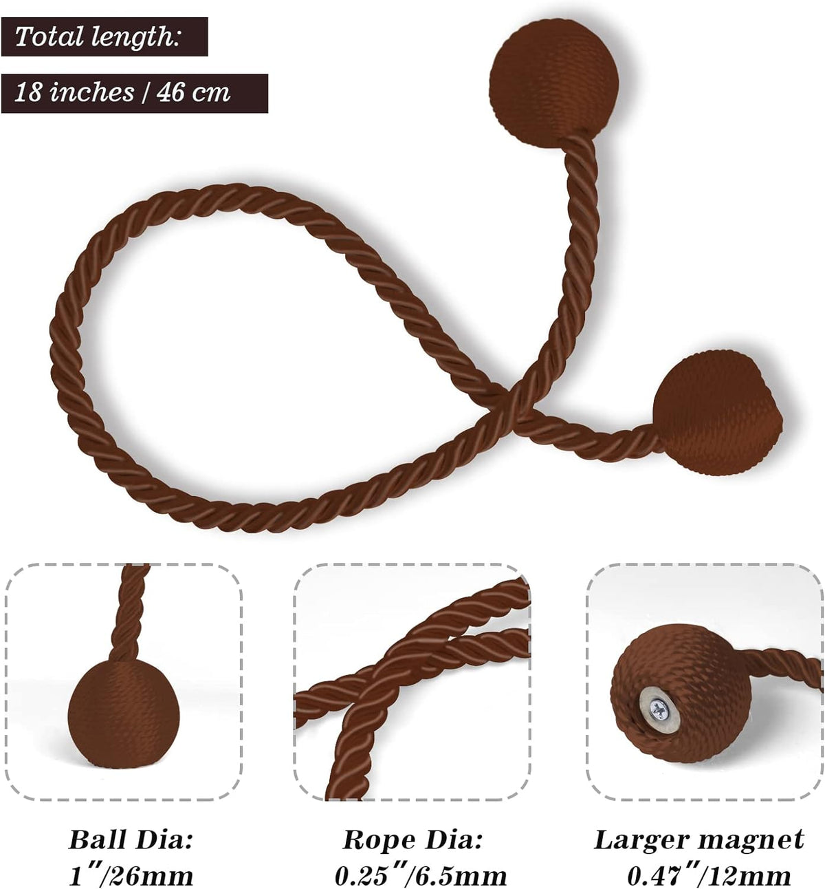 Hion Magnetic Curtain Tiebacks Dark Brown 2pcs, Curtain Tiebacks Buckles Holdbacks Holders Hooks Clip for Home Bedroom Office Decorative Curtain