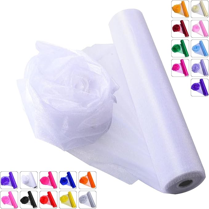 Crystal Organza Fabric Tulle - 16" by 50 Yards Sheer Fabric for Wedding Party Decoration Bridal Shower Tutu Roll Netting Spool Ribbon Wrapping (White)