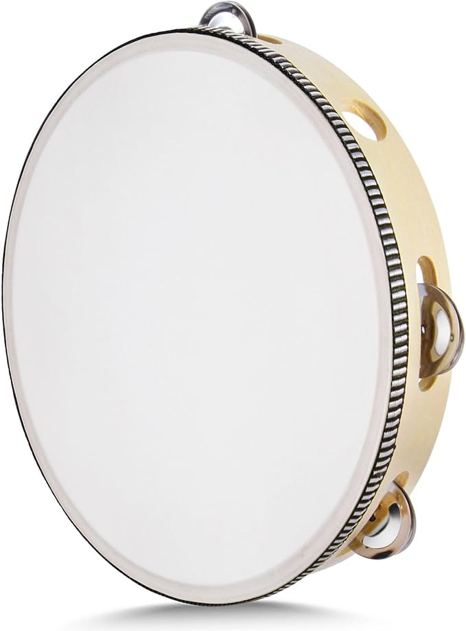 Flexzion Wooden Round Tambourine for Kids and Adults 10" Inch Single Row 8 Pair Jingles, Wood Handheld Percussion Instrument for Beginner and Professional Tambourine Player