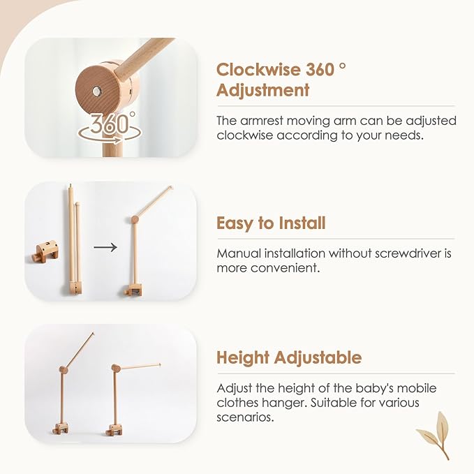 HI BABY MONMENT Crib Mobile Arm - Rotating Baby Mobile Hanger, Natural Beech Wood, Mobile Stand for Crib Nursery Decor, Perfect for Baby Girl or Boys