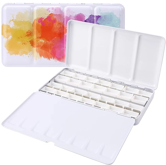 LOONENG Empty Watercolor Palette, Empty Watercolor Tin with Fold Out Palette, Large Colorful Watercolor Tray Palette with 28 Empty Full Pans for Plein Air Painting and Sketching