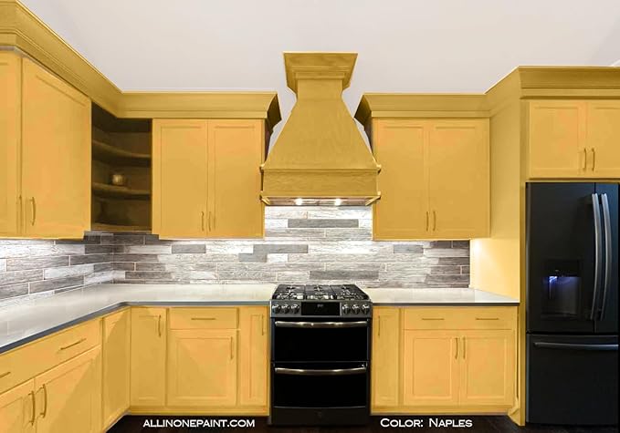 ALL-IN-ONE Paint, Durable cabinet and furniture paint. Built in primer and top coat, no sanding needed. Includes our 30 featured color card - Naples (sunny yellow), Gallon