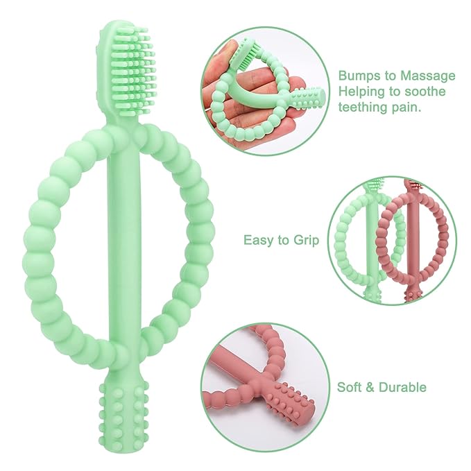 Baby Teething Toys with Easy-Hold Handle, Silicone Infant Toothbrush, Textured On Both Sides Helps Massage, Soothe Sore Gums, Teething Toys for Babies 0-6 Months, 6-12 Months Bright Green & Caramel