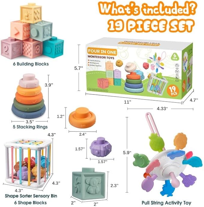 4-in-1 Baby Toys for 6-12 Months, Montessori Soft Stacking Blocks for Babies, Infants Teething Toys, Sensory Balls and Educational Learning Set for Toddlers (Boys & Girls)