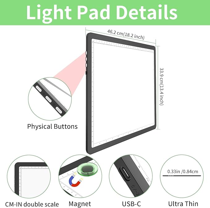 KOBAIBAN A4 Magnetic Light Box with Bag, Rechargeable Diamond Art Light Board with Side Physical Buttons, 3 Color Light Modes Super Bright Light Pad Light Table for Tracing, Drawing, Sketching (Black)