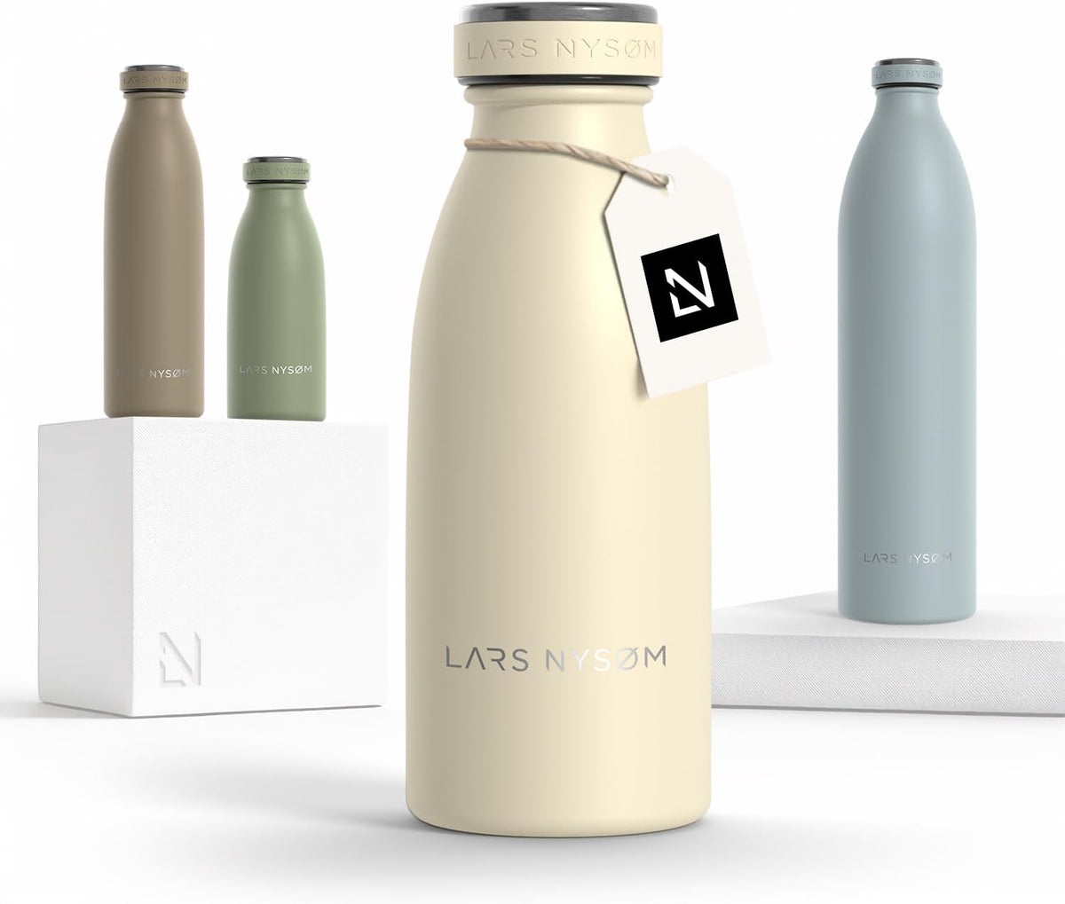 LARS NYSØM Stainless Steel Insulated Water Bottle 12oz 17oz 25oz 34oz 51oz | Insulated Thermo Flask for Hot and Cold Beverages | Leakproof Drinking Bottle (Almond Beige, 11.9oz)