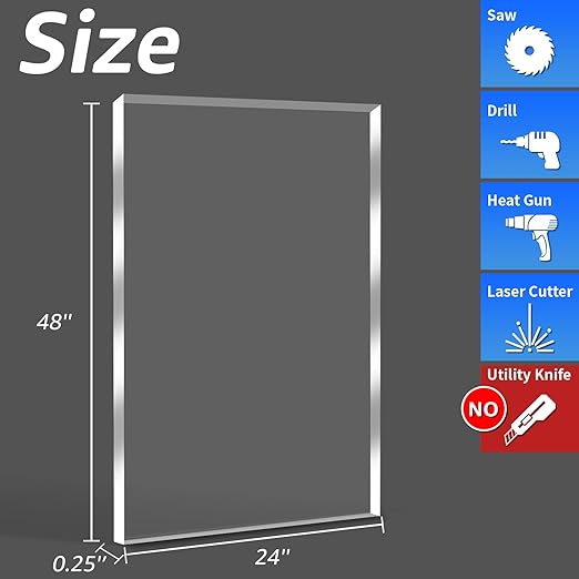 Art3d (2 Pack) 1/4" Thick Plexiglass Sheets - 48" x 24" PET Clear Acrylic Sheets for Art Design，Craft Projects, Signs, DIY in Home, Wedding, Festival,Party,Office