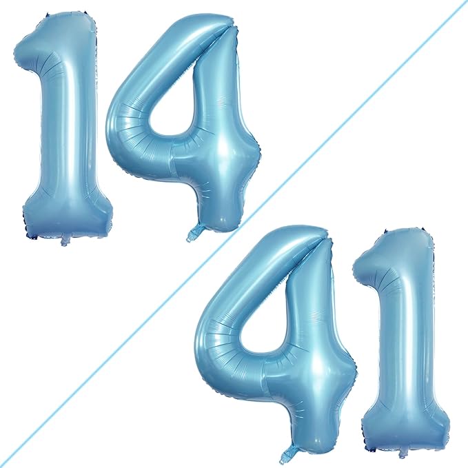 GOER Number 14 Balloons for 14th Birthday Sweet 14 Party Decorations,42 Inch Jumbo Foil Helium 41 Balloons for 41st Birthday Party Decoration (Light Blue)
