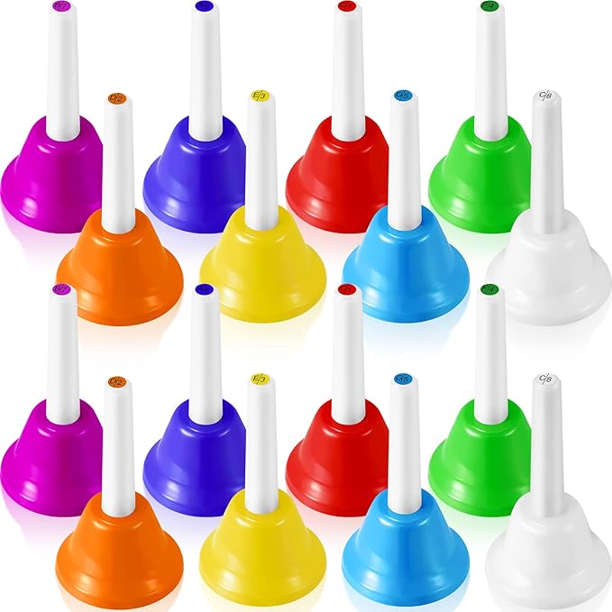 Fabbay 16 Pcs 8 Note Hand Bells Set Musical Handbells for Kids Colorful Diatonic Metal Bells Toy Percussion for Kids Toddlers Children Musical Teaching Church Chorus Wedding Family Birthday Party
