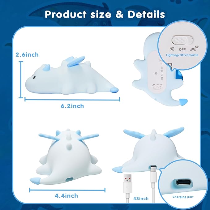 Cute Baby Dragon Kids Night Light for Kids,Cute Soft Silicone Lamp 3 Level Dimmable Changing Rechargeable Breastfeeding Nursery Portable Kawaii Lamps,Bedside Lamp for Baby and Toddler,Boy Girls（Blue）
