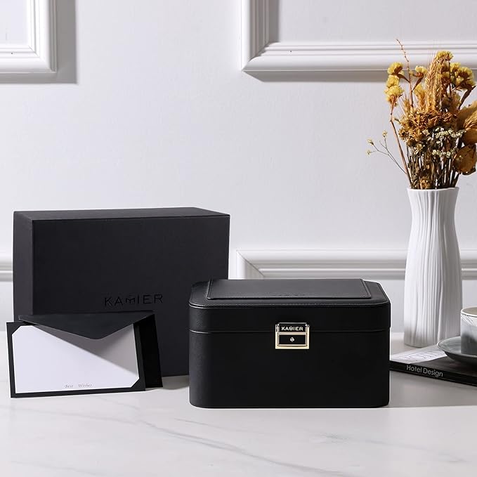 KAMIER Jewelry Holder Organizer, 2 Layers PU Leather Jewelry Box, Large Capacity, Double Lock and Large Mirror, Hidden Necklace Hooks, Removable Dividers, Gift Box Packaging, Black