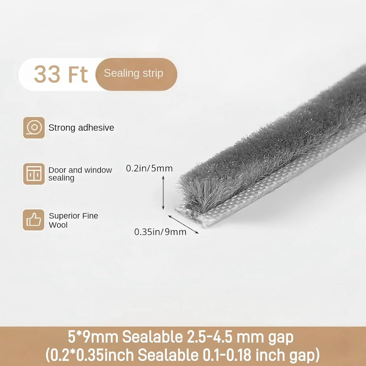 33 Ft Self-Adhesive Weather Stripping Door Seal Strip for Door Window, 0.35" Wide x 0.2" Thick, Gray