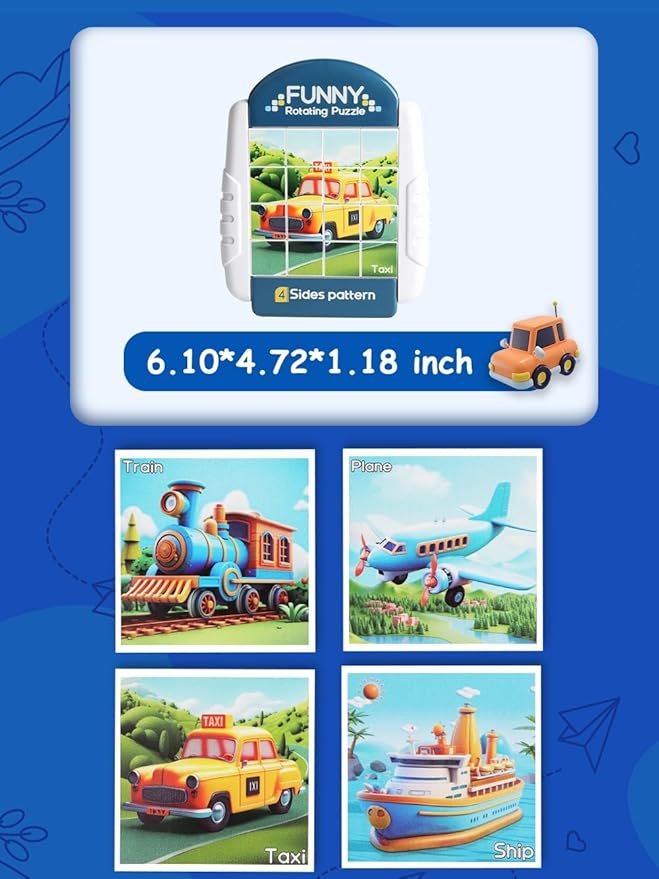 16-Piece Rotating Puzzles for Kids 4-6, Toddlers Puzzles 2-4, Road Trip, Airplane Activities Game, Travel Toys - Brain Teaser, Fine Motor Skills, Birthday Gifts Boys & Girls - Transportation