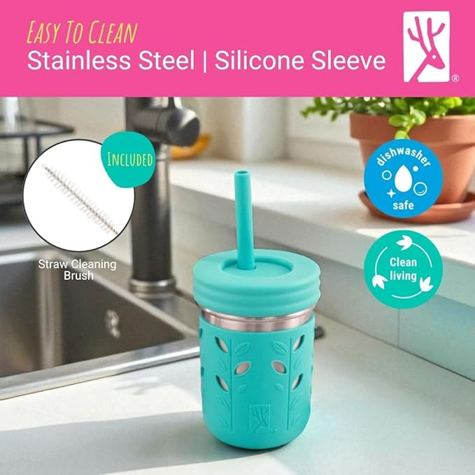 Elk and Friends 14oz Stainless Steel Kids + Toddler Drinking Cups | The Original Mason Jars with Lids + Sleeves + Straws | Smoothie Cups | Spill Resistant | Dishwasher Safe | 2 Pack