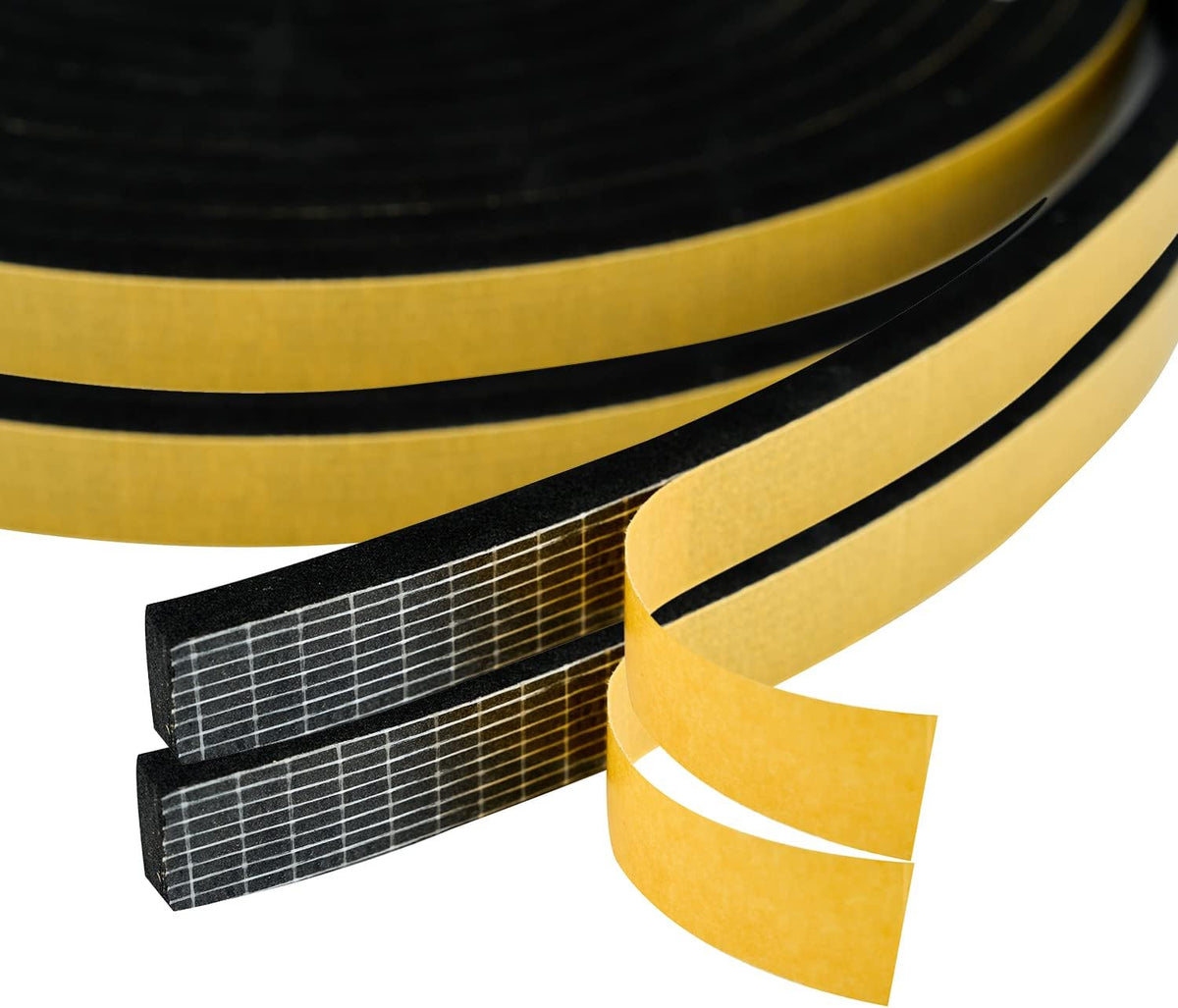 High Density Foam Weather Stripping Door Seal Strip Insulation Tape Roll for Insulating Door Frame, Window, Air Conditioner | Self Adhesive Sealing Weatherstrip (Black, 1/2 in x 1/4 in 30 Ft)