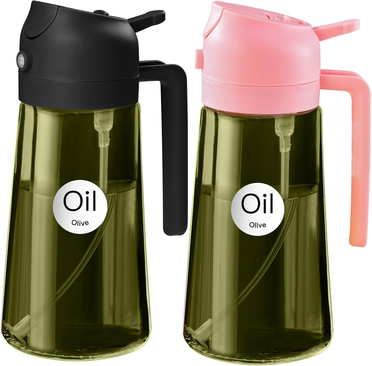YARRAMATE 2Pcs 16oz/470ml Dark Green Oil Sprayer for Cooking with Stickers, Food-grade Premium 2 in 1 Olive Oil Dispenser Bottle for Kitchen Gadgets, Air Fryer, Salad, Frying, BBQ (Pink&Black)
