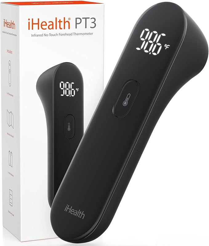 iHealth No-Touch Digital Forehead Thermometer for Adults, Babies, Kids - FSA HSA Eligible, 3 Ultra-Sensitive Sensors, Quiet Vibration Feedback, Large LED Digits, Easy to Use for Home, PT3 Black