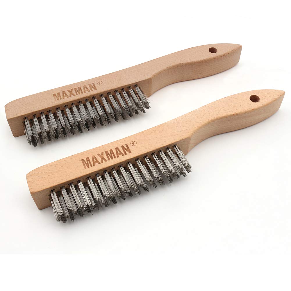 MAXMAN Wire Brush, Heavy Duty Stainless Steel Wire Brushes for Cleaning Rust, Grill Brush, Steel Brush for Paint Removal, Welding, Stiff Bristle Metal Brush with 10" Long Beech Handle, Large, 2Pcs
