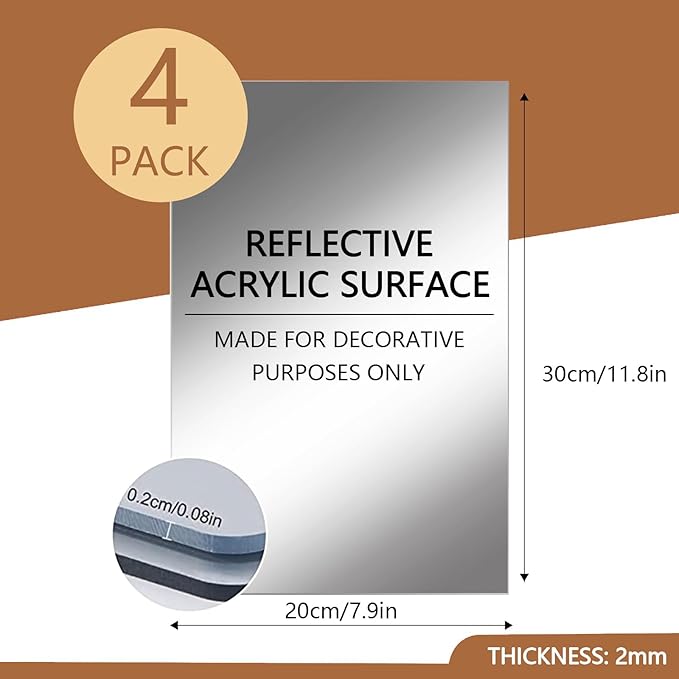 4PCS Self Adhesive Acrylic Mirror Tiles, Flexible Mirror Sheets Wall Stickers, Frameless Non-Glass Mirror Stickers Reflective Mirror for DIY Craft, Home Wall Decor (20 * 30cm,2mm)