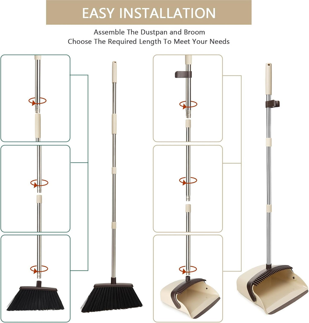 Broom and Dustpan Set, Dustpans with Broom Combo for Home, Heavy Dust Broom and Dustpan Combo, Long Handle Dust Pan and Broom Set for Kitchen, Office, Pet Hair,Beige, Pack of 1