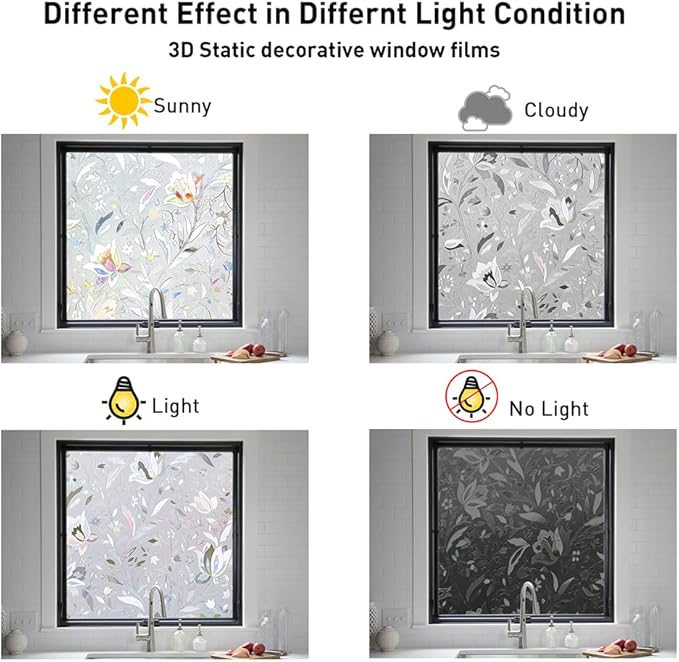 NINETREX Window Privacy Film,3D Stained Glass Window Film,Decorative Window Covering Sun Blocking Vinyl Static Cling Anti-UV Heat Control for Home Decor,Tulip 17.5 x 157.4inch