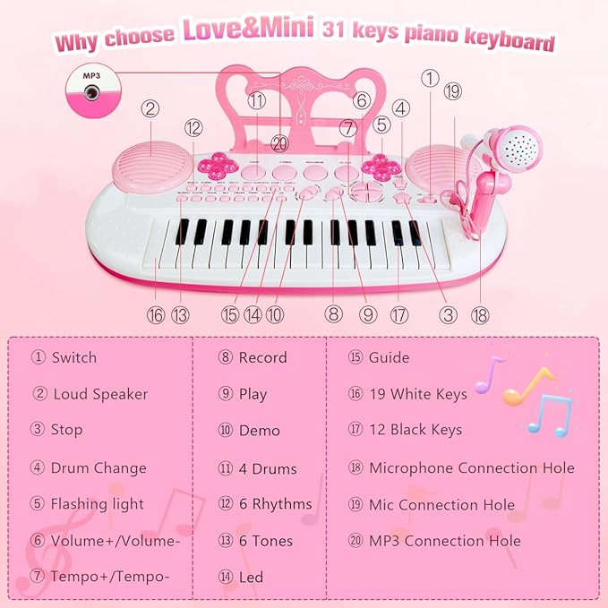 31-Key Rose Pink Kids Piano Toy Keyboard with Bench - Portable Electronic Multi-Functional Music Instrument with Microphone, Ideal Christmas & Birthday Gift for Girls & Kids Aged 3-5 Years Old