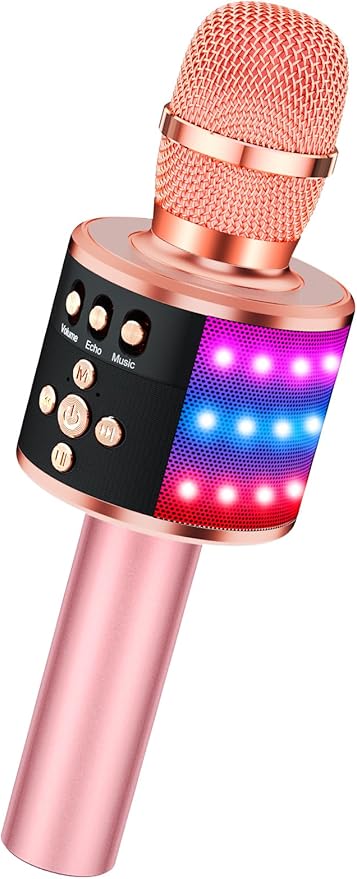 BONAOK Karaoke Microphone for Kids & Adults - Bluetooth Microphones Singing Mic with Disco Lights, Echo Effect, Built-in Speaker Portable Karaoke Player for Party Travel Gifts Q78(Rose Gold)