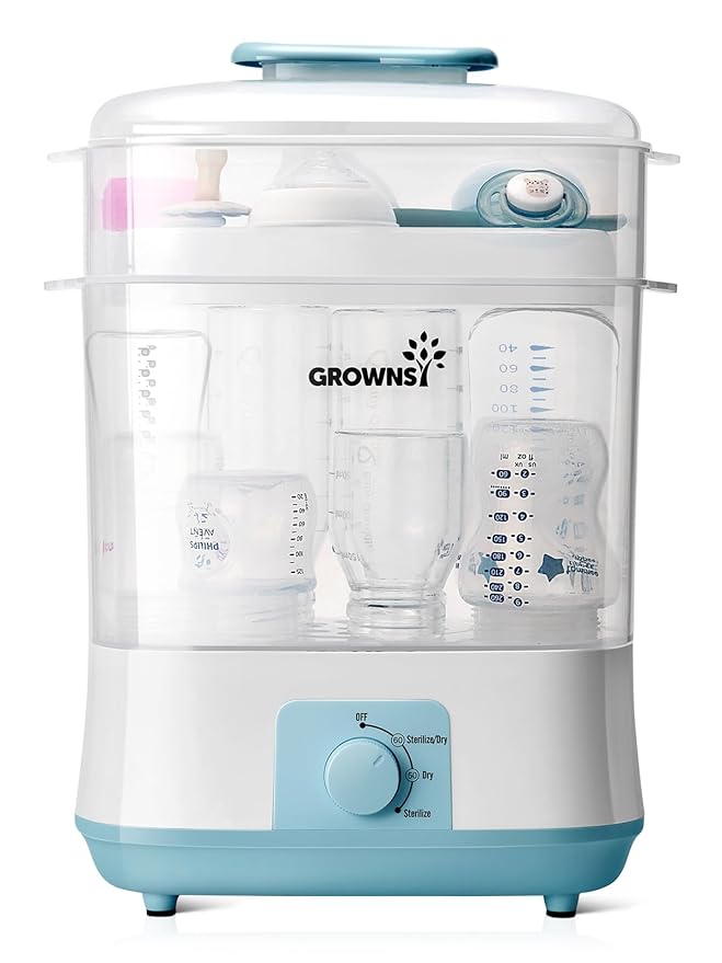GROWNSY Adjustable 3 in 1 Large Bottle Sterilizer and Dryer, Electric Steam Baby Bottle Sterilizer, Bottle Sanitizer for Baby Bottles & Pacifiers, Breast Pump Parts Blue