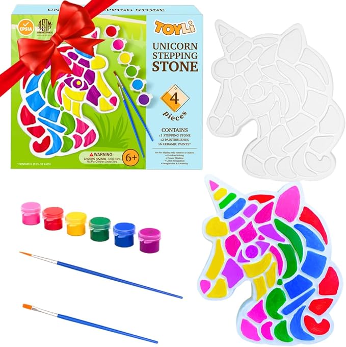 TOYLI Unicorn Painting Kit for Kids, Art Set, DIY Project, Stepping Stone Kit, Includes 2 Brushes and 6 Paints, Mess-Free Arts and Crafts