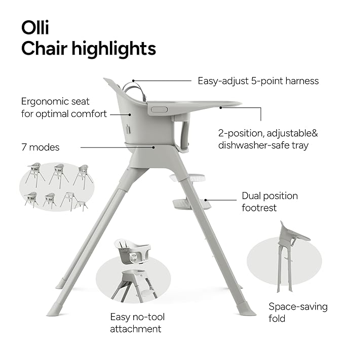 Mompush Olli 7-in-1 Convertible High Chair for Babies and Toddlers – Adjustable Height & Footrest, Dishwasher-Safe Tray, Compact Foldable Design for Easy Storage & Travel, Lightweight Yet Durable