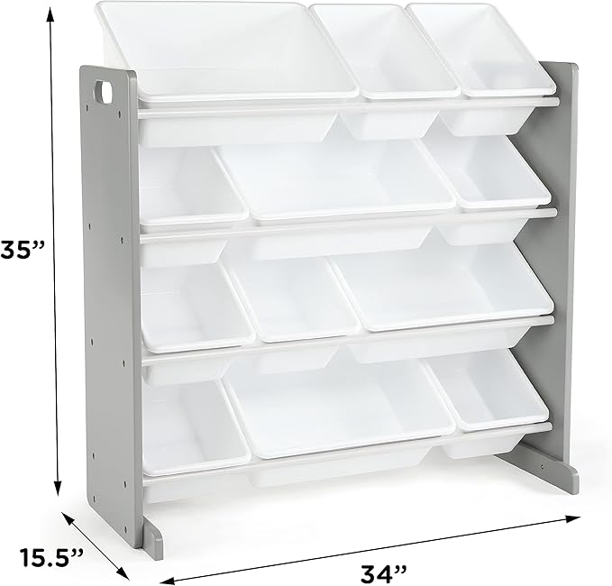 Humble Crew Kids Toy Storage Organizer with 12 Plastic Bins, Grey/White – Removable Bins for Playroom, Bedroom, Toddler Furniture for Boys and Girls Ages