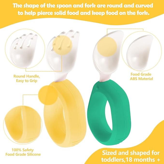 Baby Self Feeding Training Spoon and Fork Set with Travel Case, BPA-Free Cute Circle Toddler Training Utensils, Silicone/ABS Great Tableware Set Spoons Fork for Kids(Deep Green & Light Yellow)