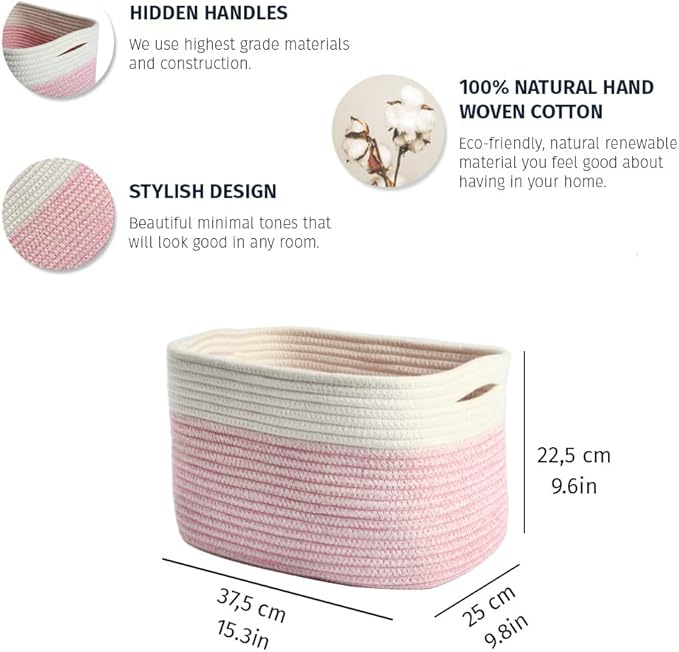 OrganiHaus Pink Basket for Books, Toy Organizers and Storage for Girls, Towel Baskets for Bathroom, Woven Baskets for Storage, Decorative Rope Storage Baskets, Cotton Rope Basket for Storage