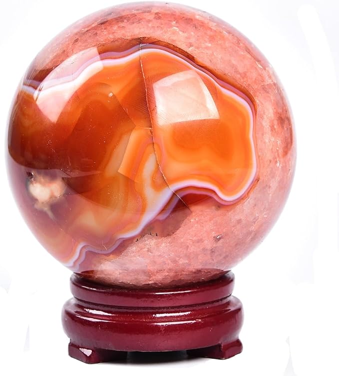 JIC Gem 3.1-3.5 inch(80-90mm) Large Red Agate Large Crystal Ball Round Healing Crystals Decorative Sphere with Wooden Stand Meditation Witchcraft Home Decor