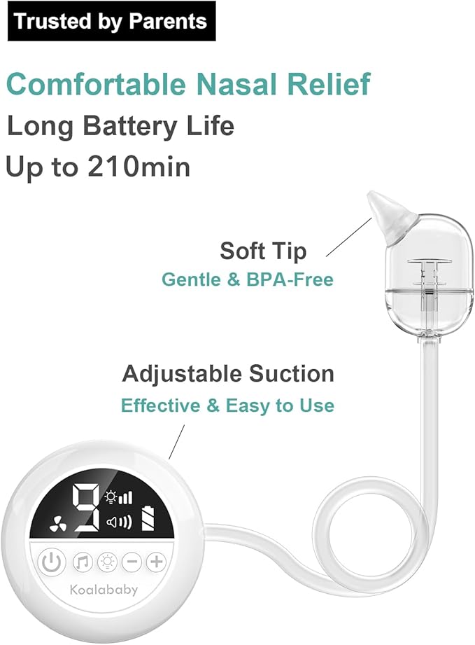 Koalababy Electric Nasal Aspirator for Baby – Hospital-Grade Nose Suction, 9 Suction Levels, Baby Nose Sucker, Nasal Cleaner, Night Light & Music, Soft Silicone Tips, Travel Bag