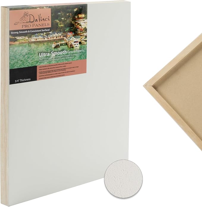Da Vinci Pro Ultra Smooth Wood Canvas Gesso Board - 3/4" Deep, 4x8 Packof 12 Single White Acrylic Polymer Gesso Panels for Painting Fine Portraits and Ultra Fine Detail Illustrations and Artwork