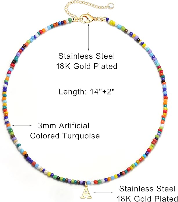Yoosteel Colorful Beaded Initial Necklaces for Girls Gifts - Cute Initial Necklaces for Girls Kids Jewelry A-Z Letter Choker Necklace for Women Birthday Gifts for Teens Daughter Niece Granddaughter