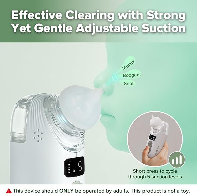 Haakaa Nasal Aspirator for Baby, 2-in-1 Electric Baby Nasal Aspirator with Sprayer – Baby Nose Sucker, Nose Sucker for Baby – 5 Adjustable Suction Levels up to 65kPa, Quiet, Music & Lights
