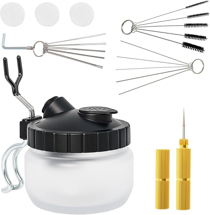 Airbrush Cleaning Kit Spray Wash Cleaning Pot Stabilizer Jar Bottles Holder with Cleaning Tools Needle Nozzle Brush