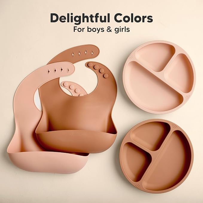 KeaBabies 2-Pack Silicone Baby Bibs for Eating - Sturdy Food-Grade Silicone Bibs for Babies Girl, Boy, Large Food Catcher, Clean & Put On Easily, Waterproof Toddler Feeding Essentials (Dusk)