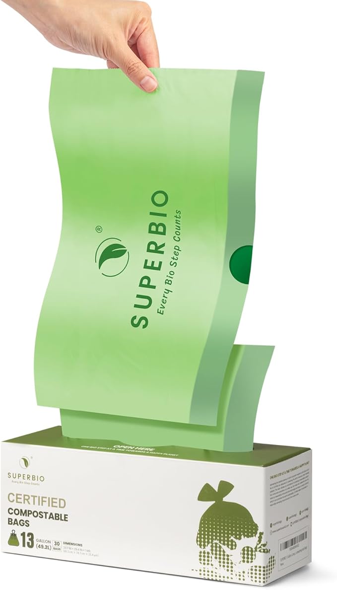 SUPERBIO 13 Gallon Compostable Drawstring Kitchen Waste Bag, 49.2 Liter, 30 Count,1 Mil, Heavy Duty Food Scrap Bags, BPI, Seedling and OK compost INDUSTRIAL
