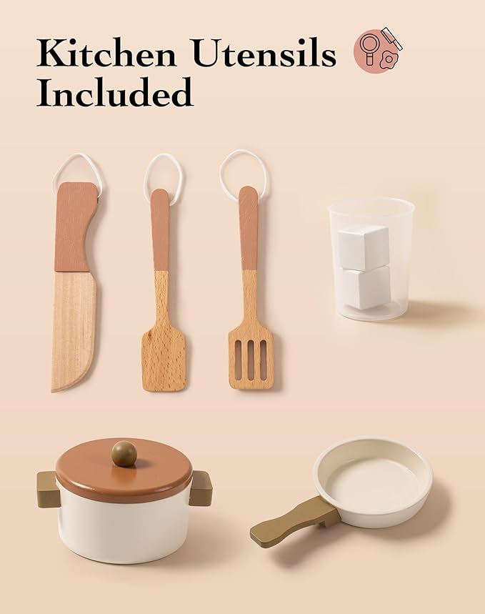 ROBUD Kids Kitchen Playset, Mocha Montessori Wooden Play Kitchen with Ice Dispenser, Pretend Toddlers Kitchen Toy with Accessories, Baby Gift for Ages 3 4 5 6 7 8