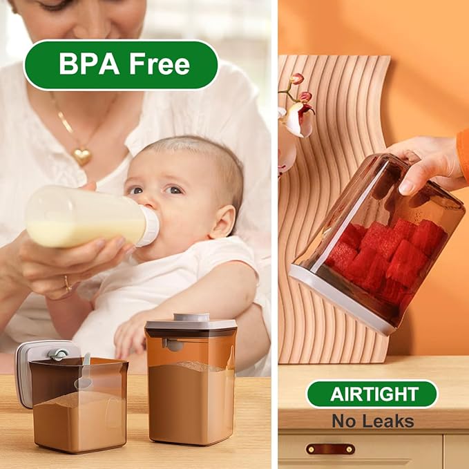 Ankou Airtight Formula Container-1000ml/400g Formula Dispenser with Lids, BPA-Free Food Storage Containers, One Button Handy Milk Powder Dispenser with Scoop and Scraper, Dark Brown