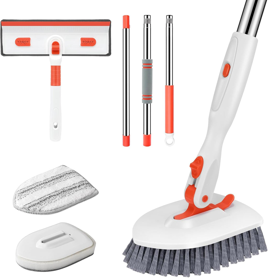 SetSail 4-in-1 Tile Tub Floor Scrubber with 52-inch Adjustable Long Handle Shower Cleaner Brush Comes with Window Scrubber and 3 Replacement Brush Heads for Cleaning Bathroom Kitchen Tub Tile,Orange