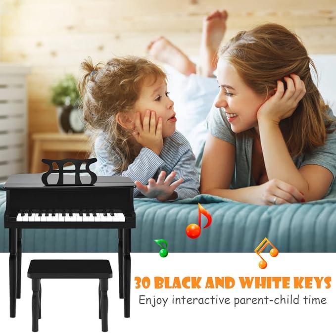 HONEY JOY Classical Kids Piano, 30-Key Mini Grand Piano with Music Stand and Bench, Wooden Musical Instrument Toy w/Lid & Music Rack, Gift for Boys Girls Ages 3+ (4 Straight Leg-Black)